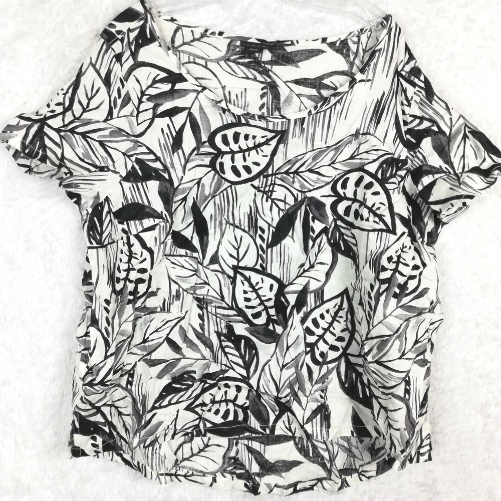 Tahari Womens Blouse Linen Black White Floral Leaf Short Sleeve Tee Plus 1X